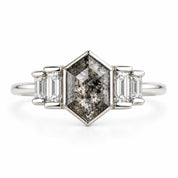 Five stone hexagon salt and pepper diamond ring in 14K white gold, front view