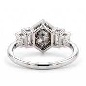 Side profile of bezel set hexagon salt and pepper diamond ring
