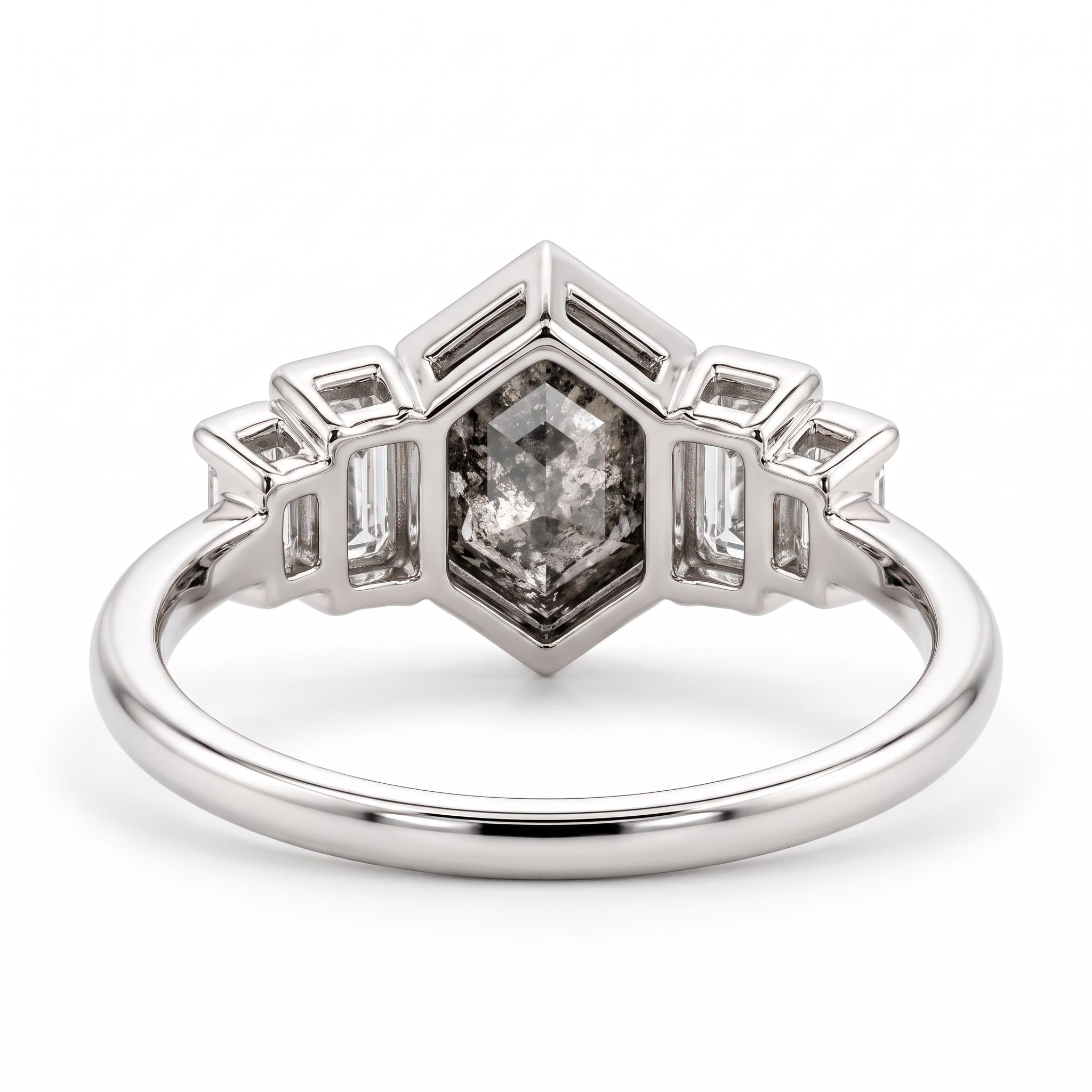 Side profile of bezel set hexagon salt and pepper diamond ring