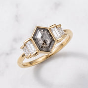 14K yellow gold hexagon diamond ring, angled view