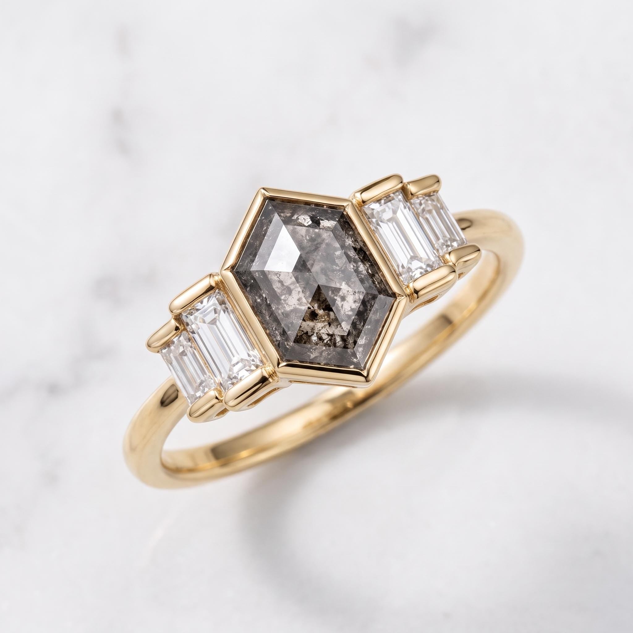 14K yellow gold hexagon diamond ring, angled view