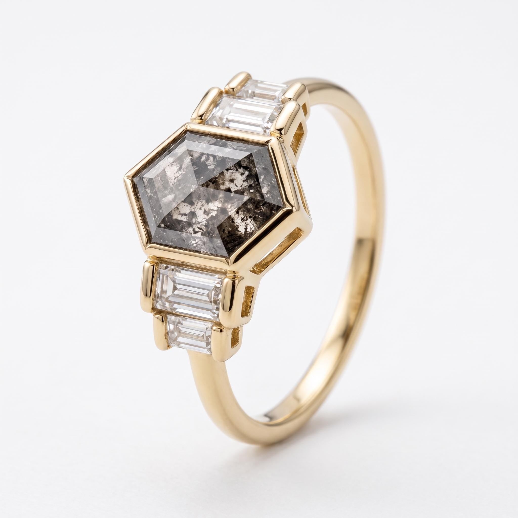 Five stone hexagon salt and pepper diamond ring in 14K yellow gold, front view