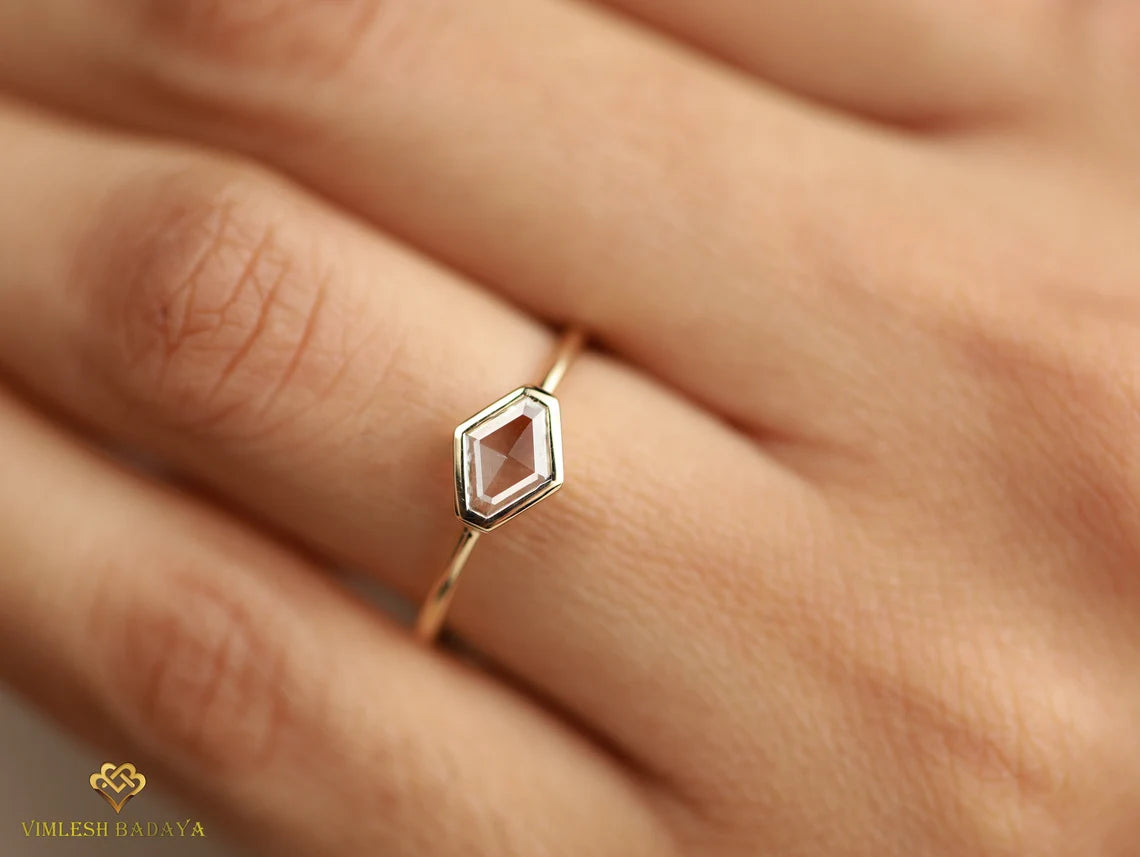 Hexagon Diamond Stacking Ring | Gold Diamond Ring | Geometric Dainty Ring -