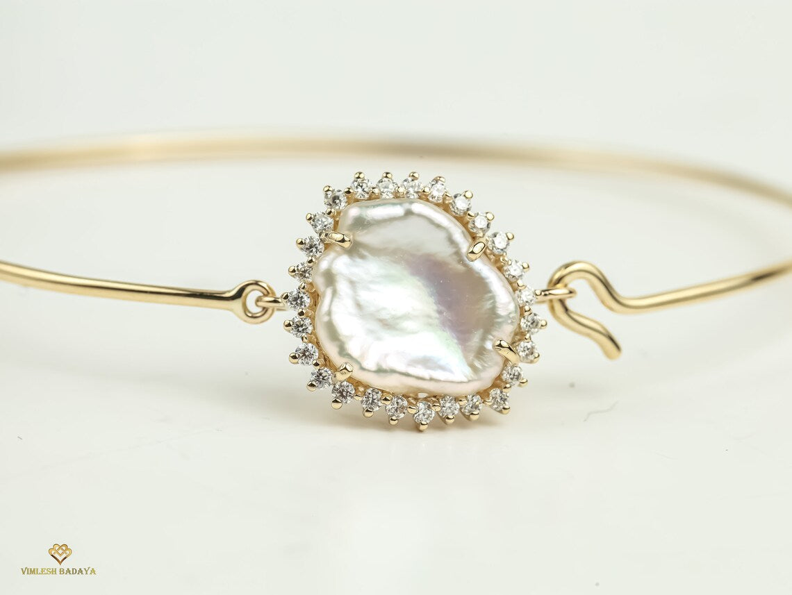 Baroque Pearl Cuff Bangle | Adjustable Yellow Rose White Gold Bracelet | Gift for Her -