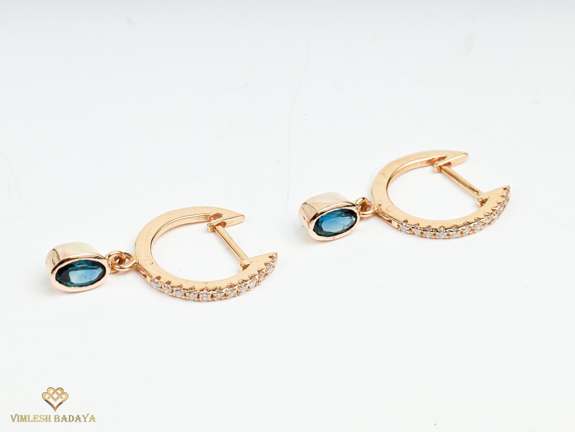 Teal Green Montana Sapphire Hoop Earrings | Solid Gold Sapphire Diamond Drop Earrings -