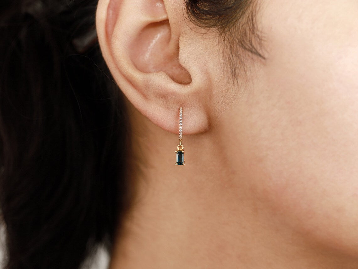 Teal Green Montana Sapphire Diamond Earrings | Solid Gold Baguette Sapphire Studs -