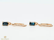 Teal Green Montana Sapphire Diamond Earrings | Solid Gold Baguette Sapphire Studs -