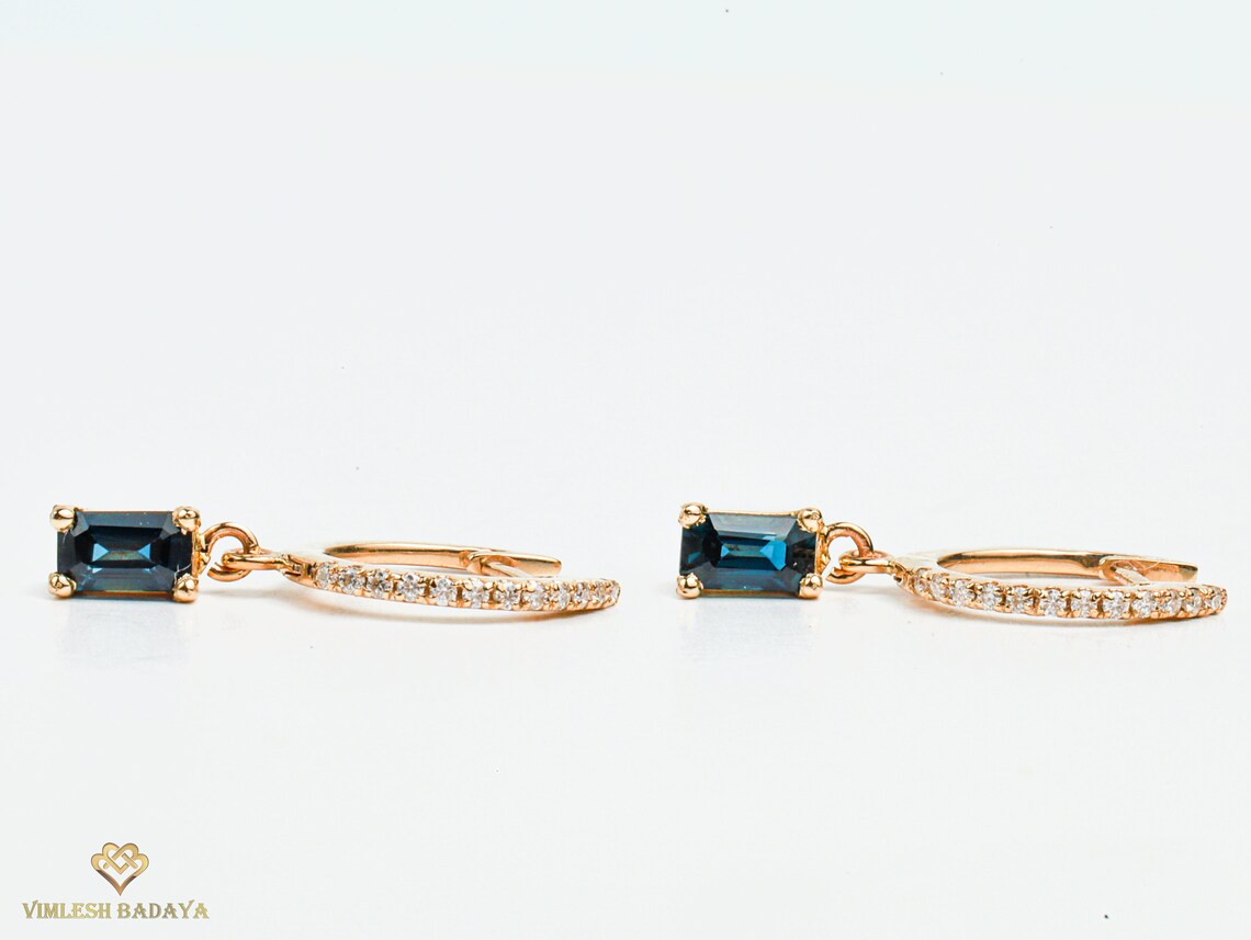 Teal Green Montana Sapphire Diamond Earrings | Solid Gold Baguette Sapphire Studs -