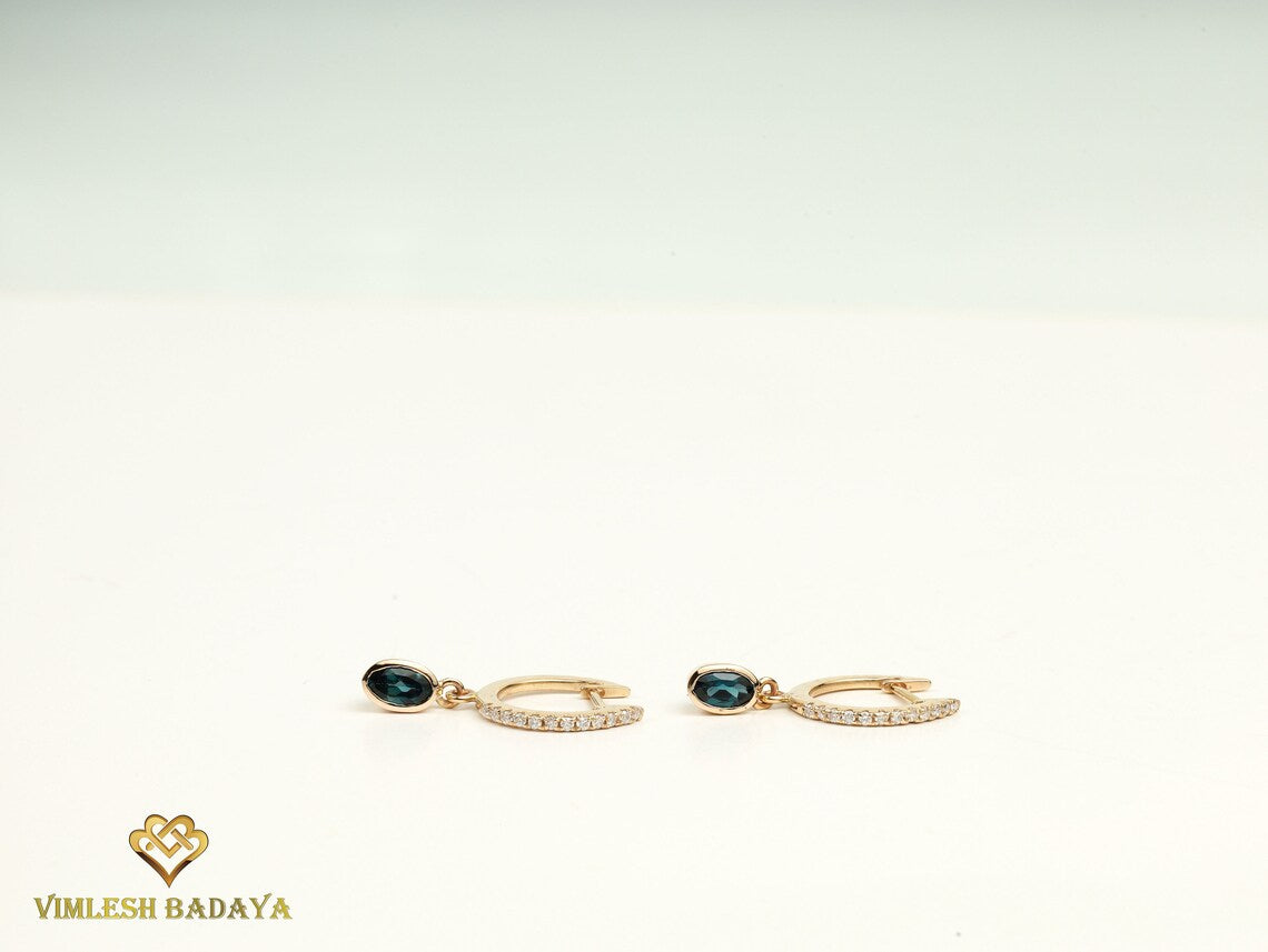 Teal Green Montana Sapphire Hoop Earrings | Solid Gold Sapphire Diamond Drop Earrings -