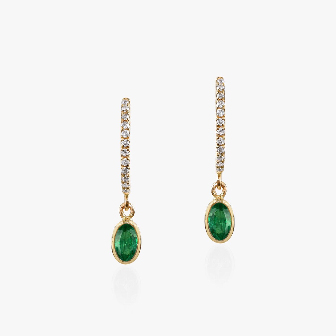 Emerald Diamond Hoop Earrings | Solid Gold Oval Cut Dangle Earrings | Bridal Jewelry -