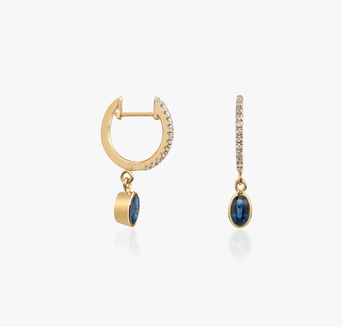 Sapphire Diamond Hoop Earrings | Solid Gold Oval Cut Blue Sapphire Dangle Earrings -