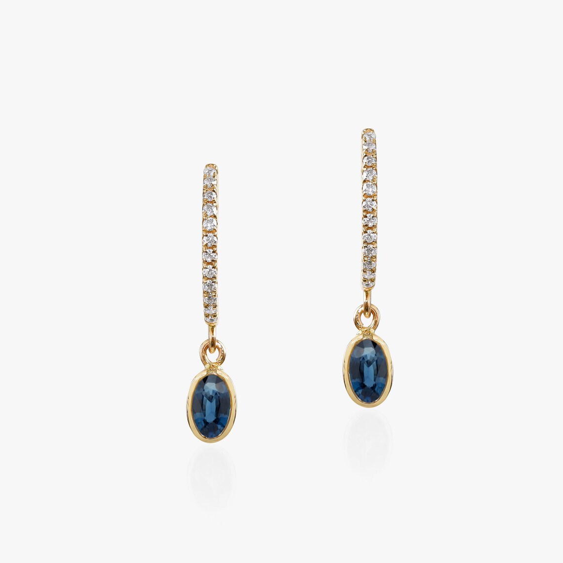 Sapphire Diamond Hoop Earrings | Solid Gold Oval Cut Blue Sapphire Dangle Earrings -