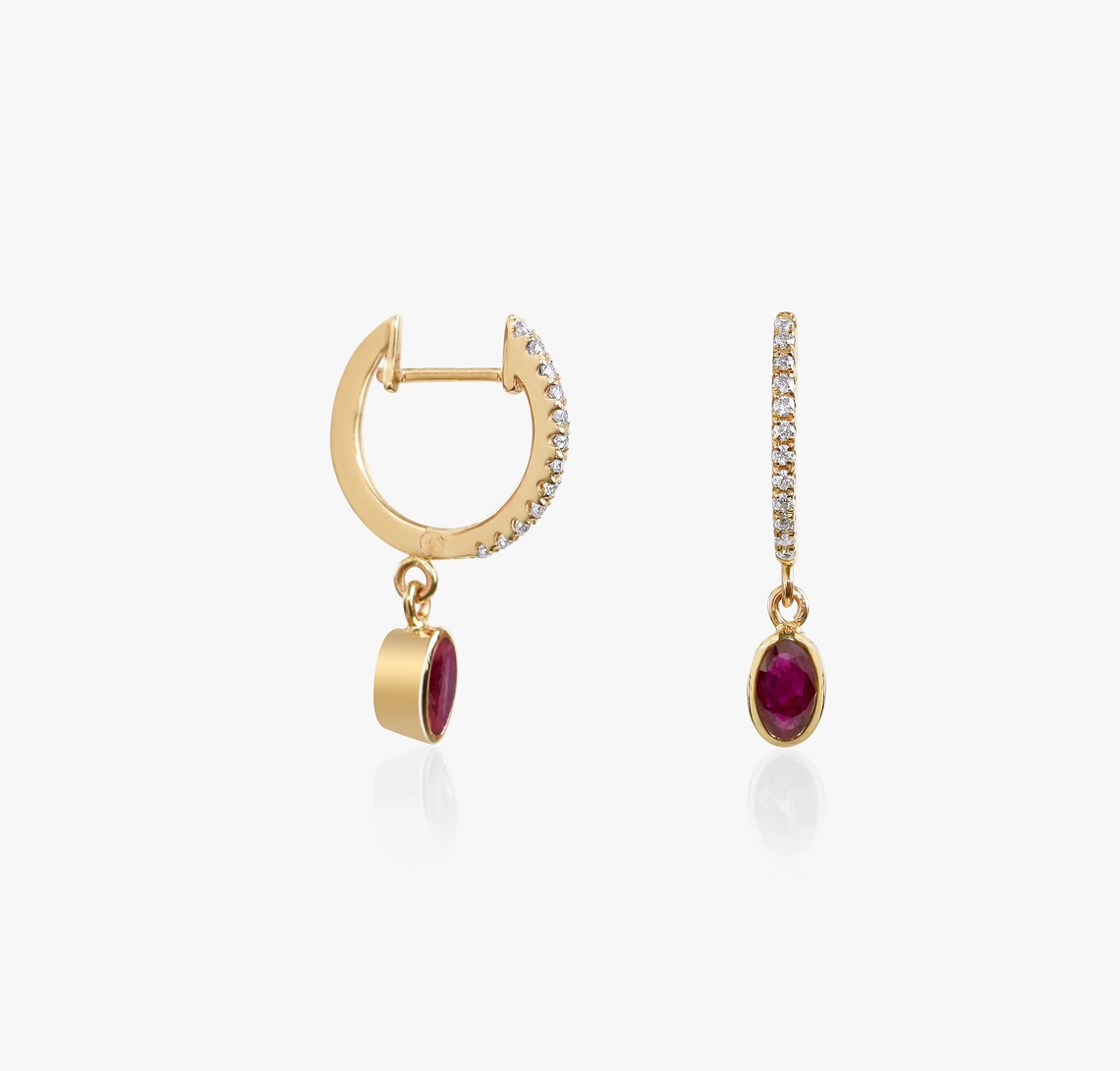 Ruby Diamond Hoop Earrings | Solid Gold Oval Cut Dangle Earrings | Bridal Jewelry -