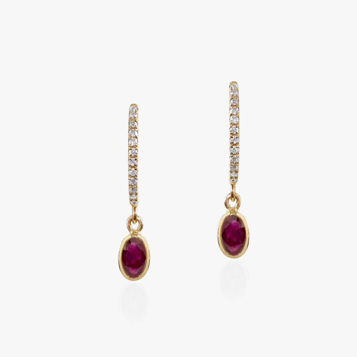 Ruby Diamond Hoop Earrings | Solid Gold Oval Cut Dangle Earrings | Bridal Jewelry -