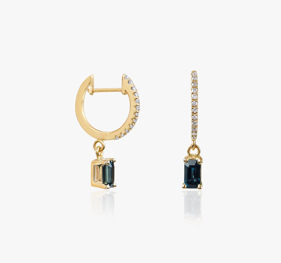 Teal Green Montana Sapphire Diamond Earrings | Solid Gold Baguette Sapphire Studs -