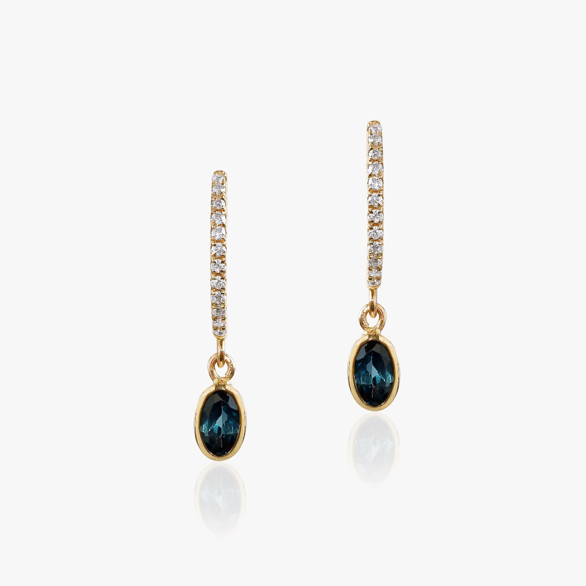 Teal Green Montana Sapphire Hoop Earrings | Solid Gold Sapphire Diamond Drop Earrings -