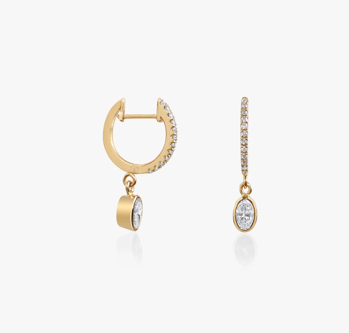 Diamond Hoop Earrings | Solid Gold Oval Cut Dangle Earrings | Bridal Jewelry -