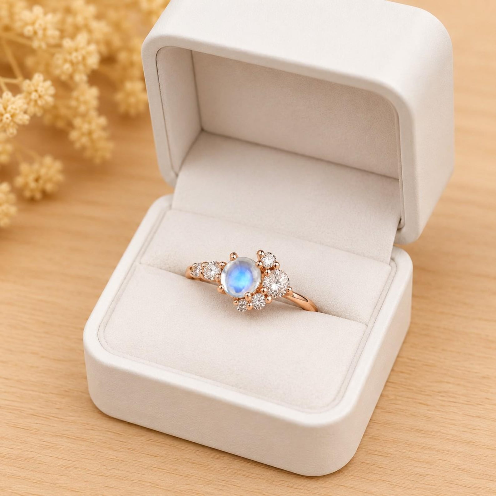 May include: A rose gold ring featuring a central round cabochon moonstone surrounded by a cluster of small, clear, round-cut white stones. The ring is displayed inside an open, white, rectangular jewelry box with a soft, padded interior lining.