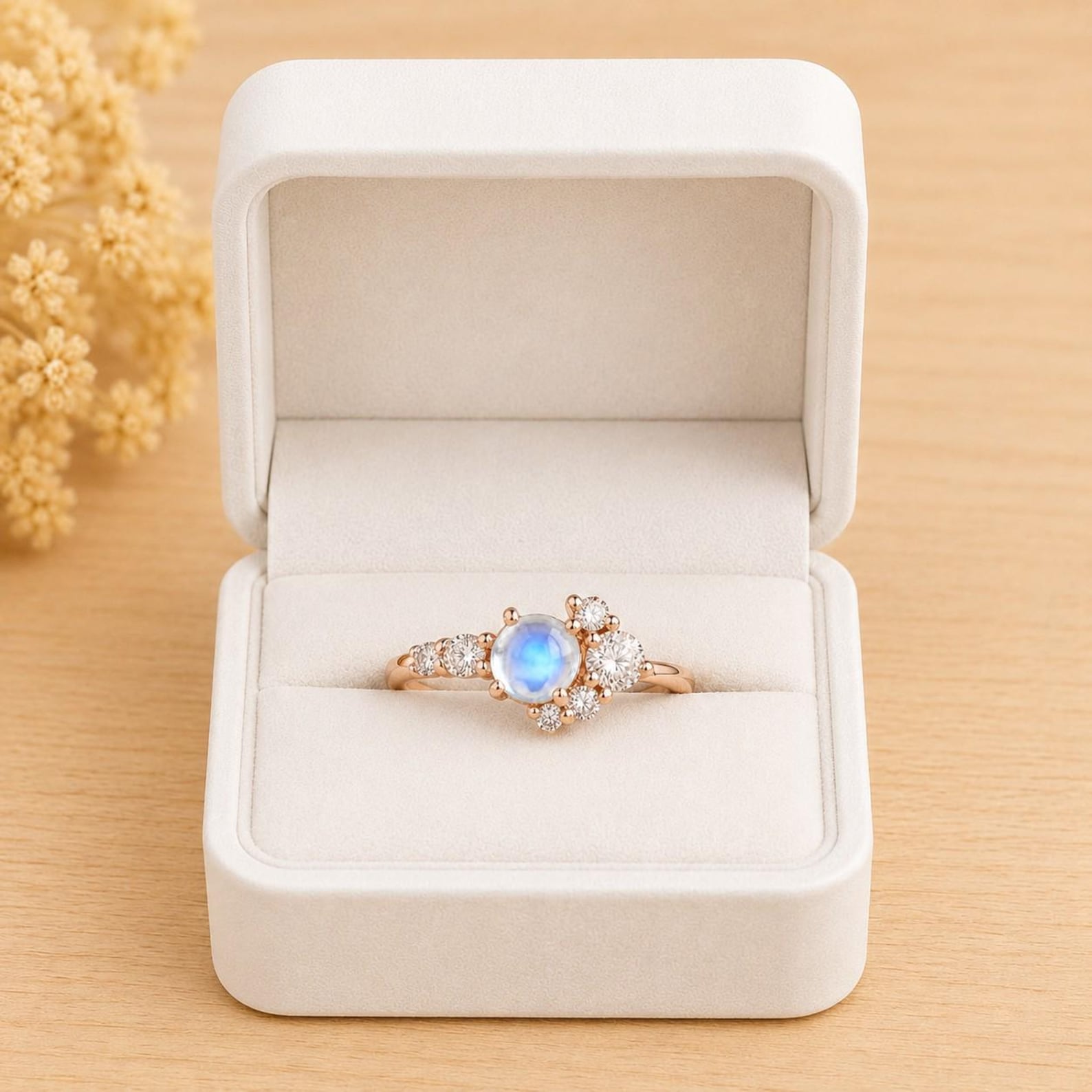 May include: A rose gold ring featuring a central round moonstone cabochon surrounded by a cluster of small, clear, round-cut accent stones. The ring is displayed inside an open, white, rectangular jewelry box with a soft, velvet-like interior.
