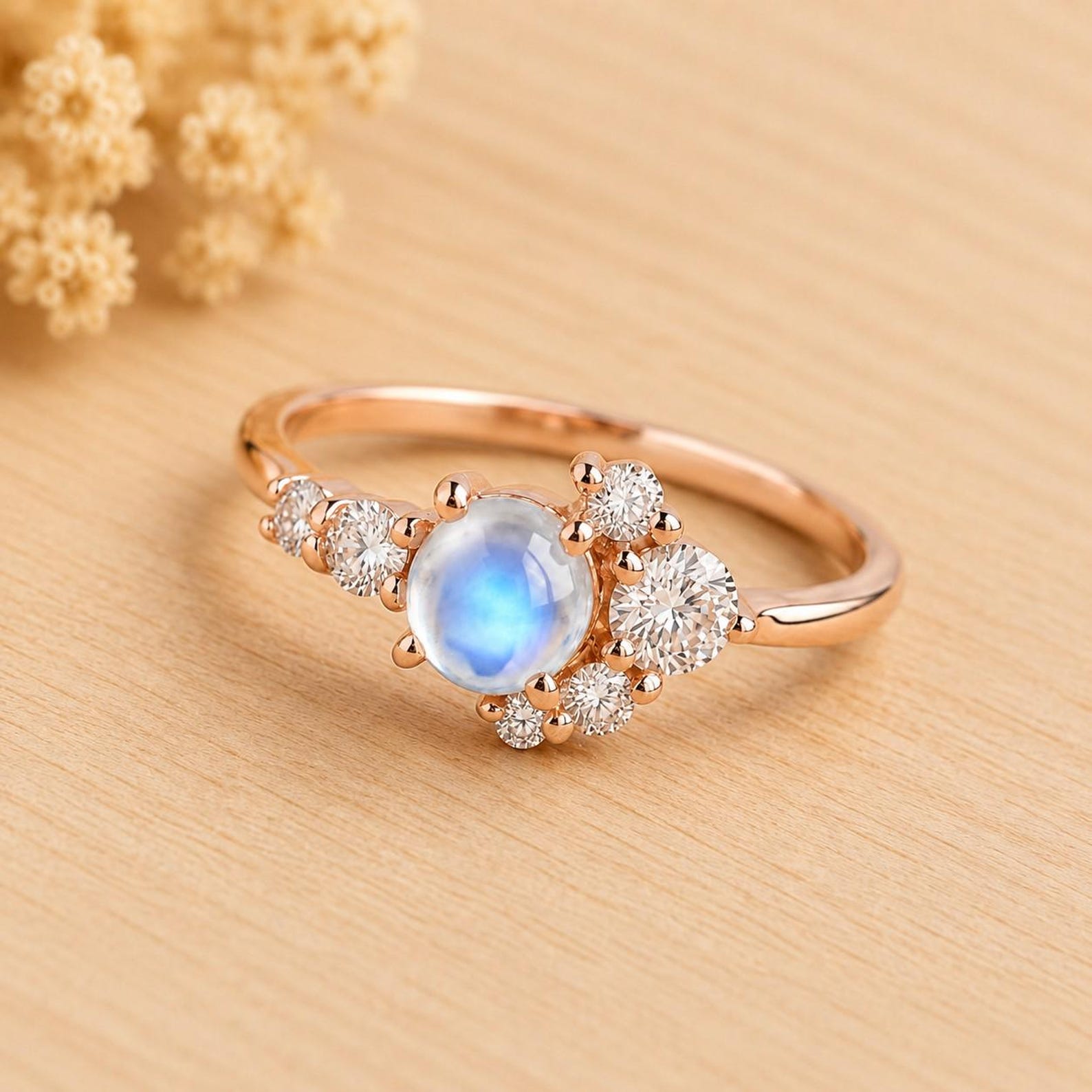 May include: A rose gold ring featuring a central round cabochon moonstone with a blue sheen, surrounded by a cluster of small, clear, round-cut white diamonds set along the band in a delicate, asymmetrical arrangement on a polished metal band.