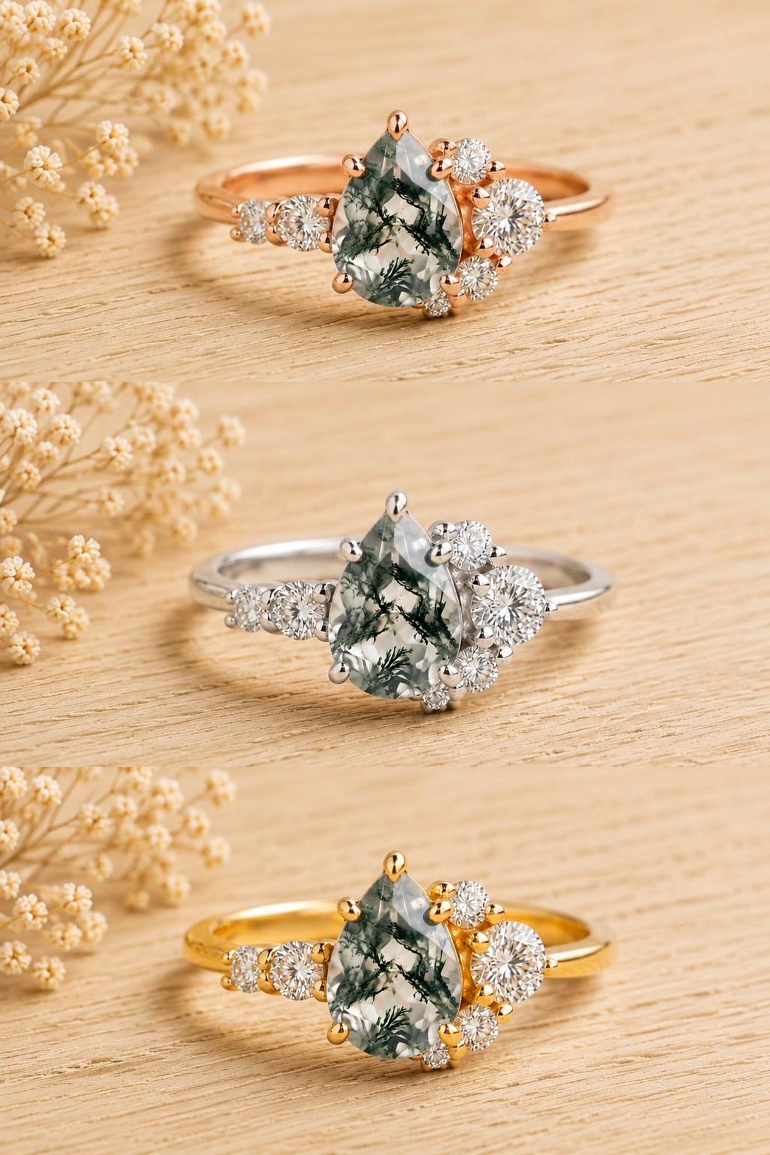 May include: Three rings featuring a pear-shaped moss agate center stone with dark green inclusions, accented by a cluster of small round white stones on one side. The rings are available in rose gold, silver, and yellow gold metal bands.