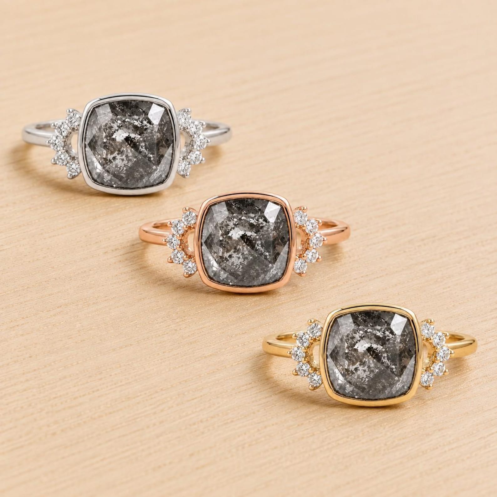 Cushion Cut Salt and Pepper Diamond Ring | Bezel Set, Art Deco Promise, 9K-18K Gold image 6