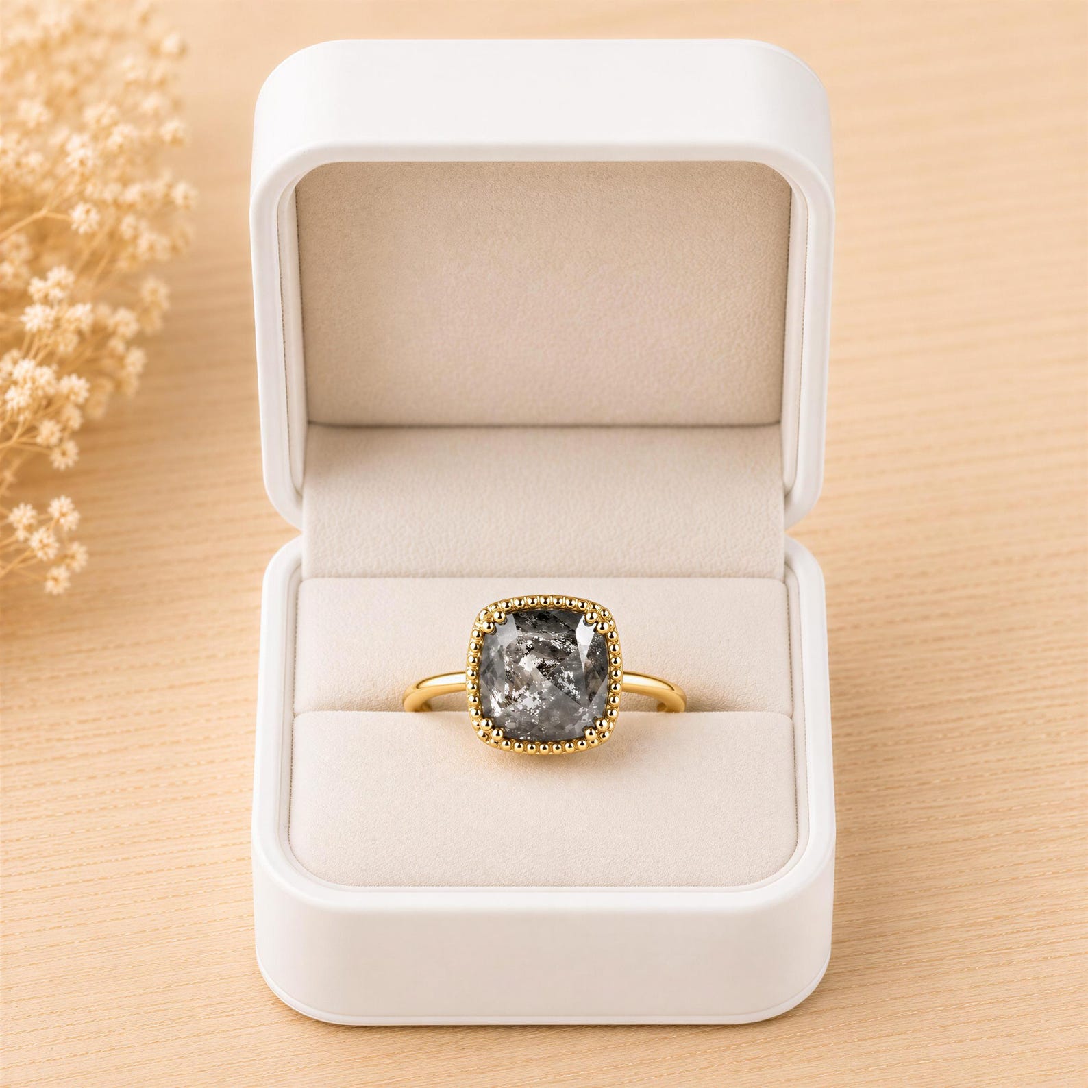 A white jewelry box containing a gold ring with a large, gray gemstone in the center.