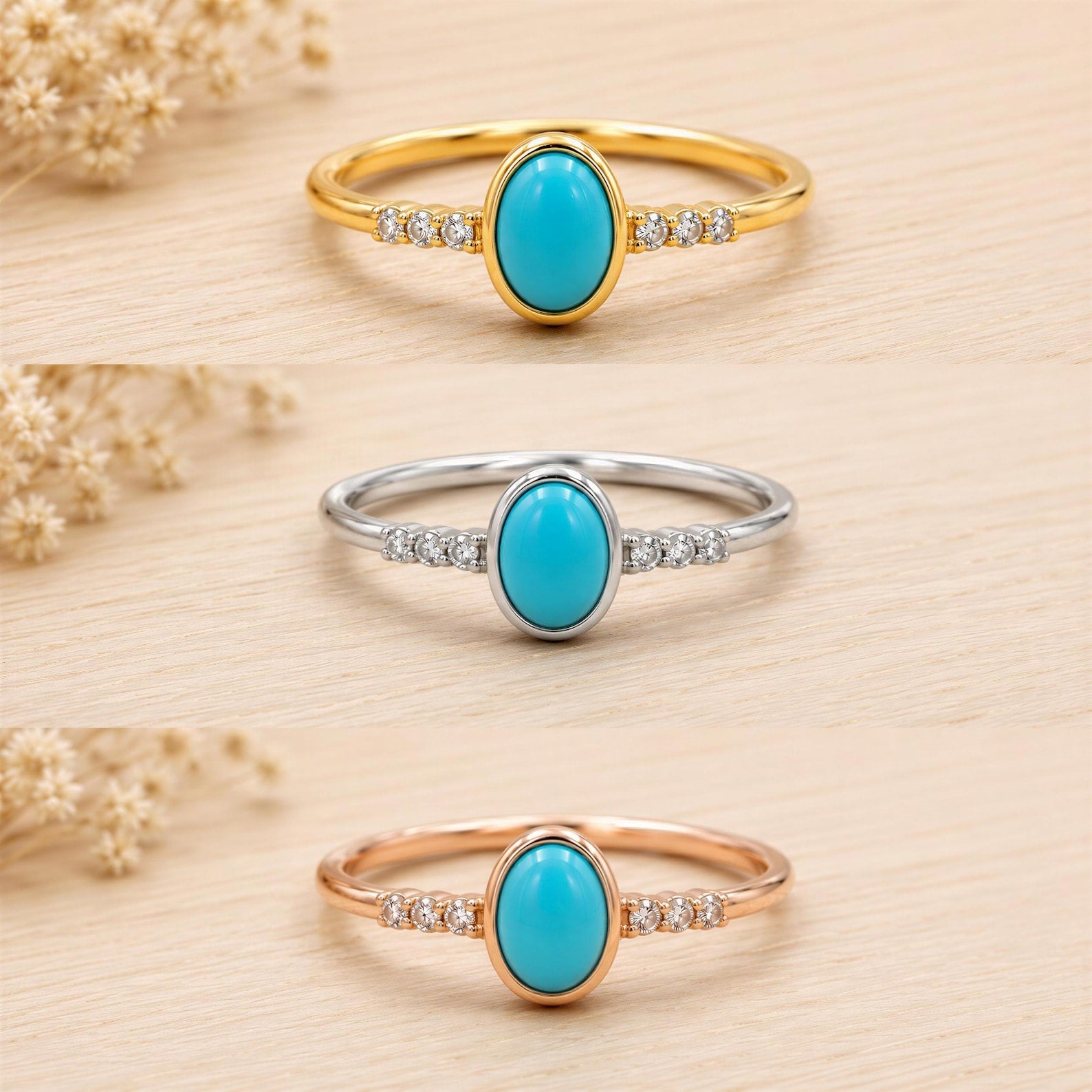 Three turquoise and diamond ring variants in yellow, rose and white gold