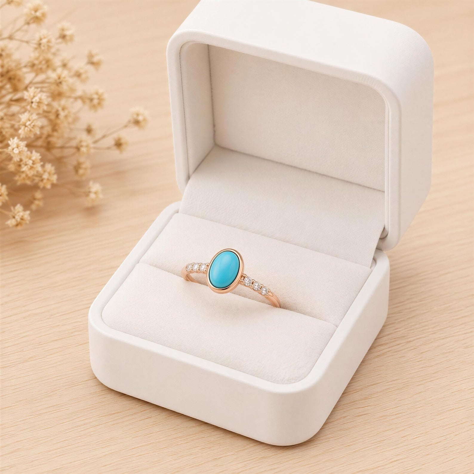 A white jewelry box containing a ring with a turquoise stone set in a gold band, placed on a wooden surface.