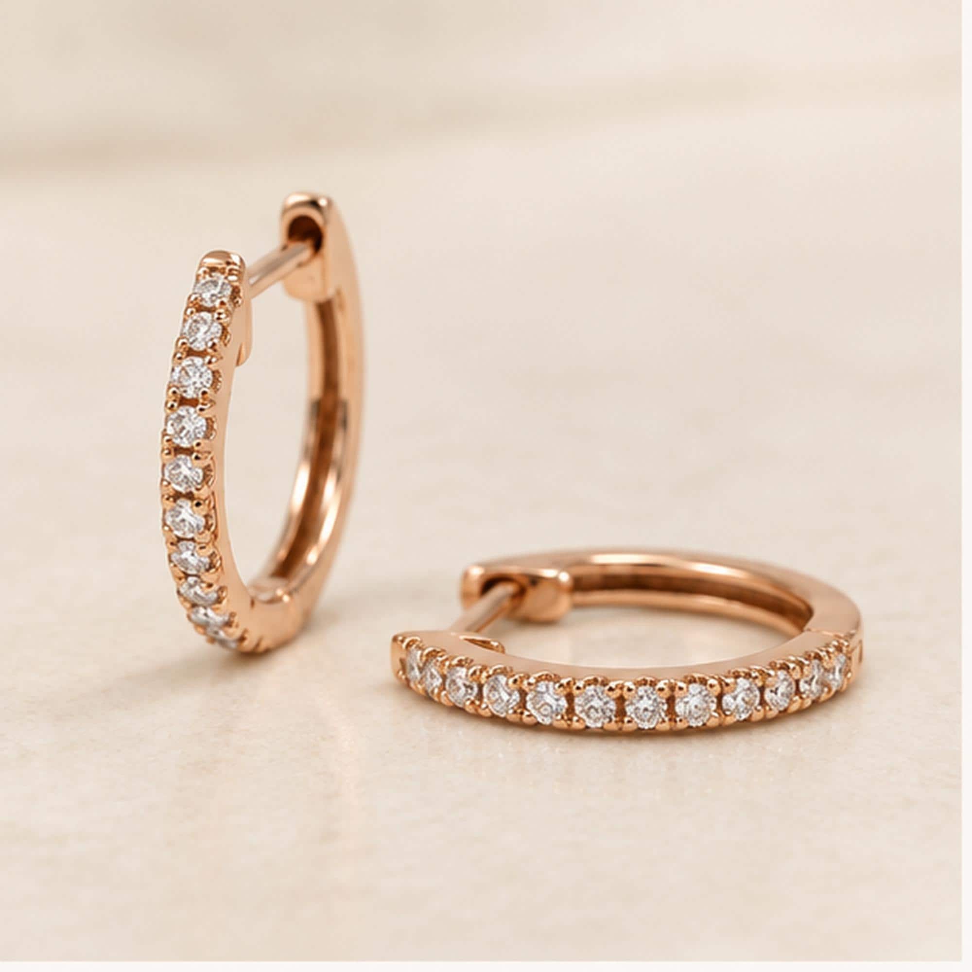 Natural diamond huggie hoop earrings, rose front view