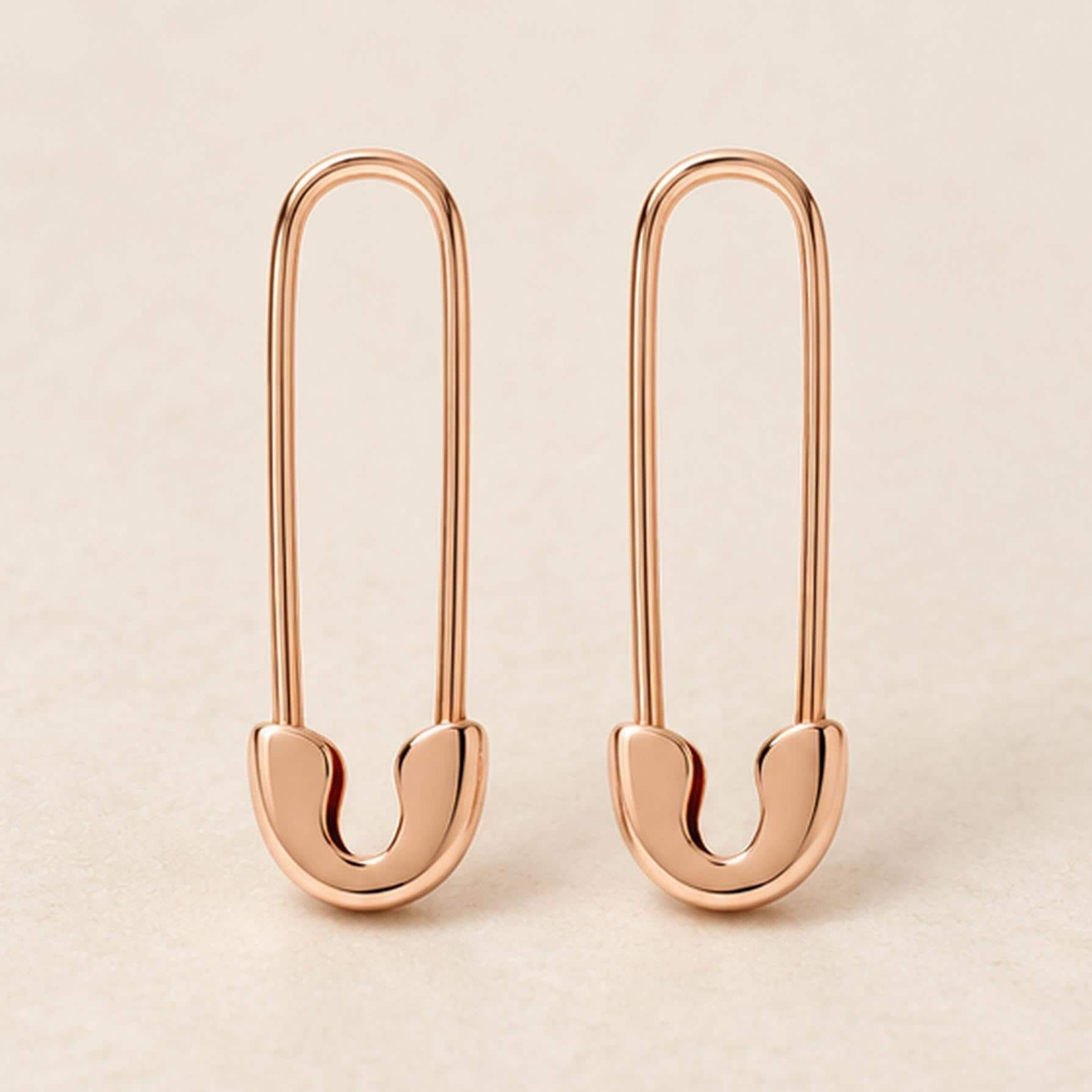 Solid gold safety pin earrings, rose front view