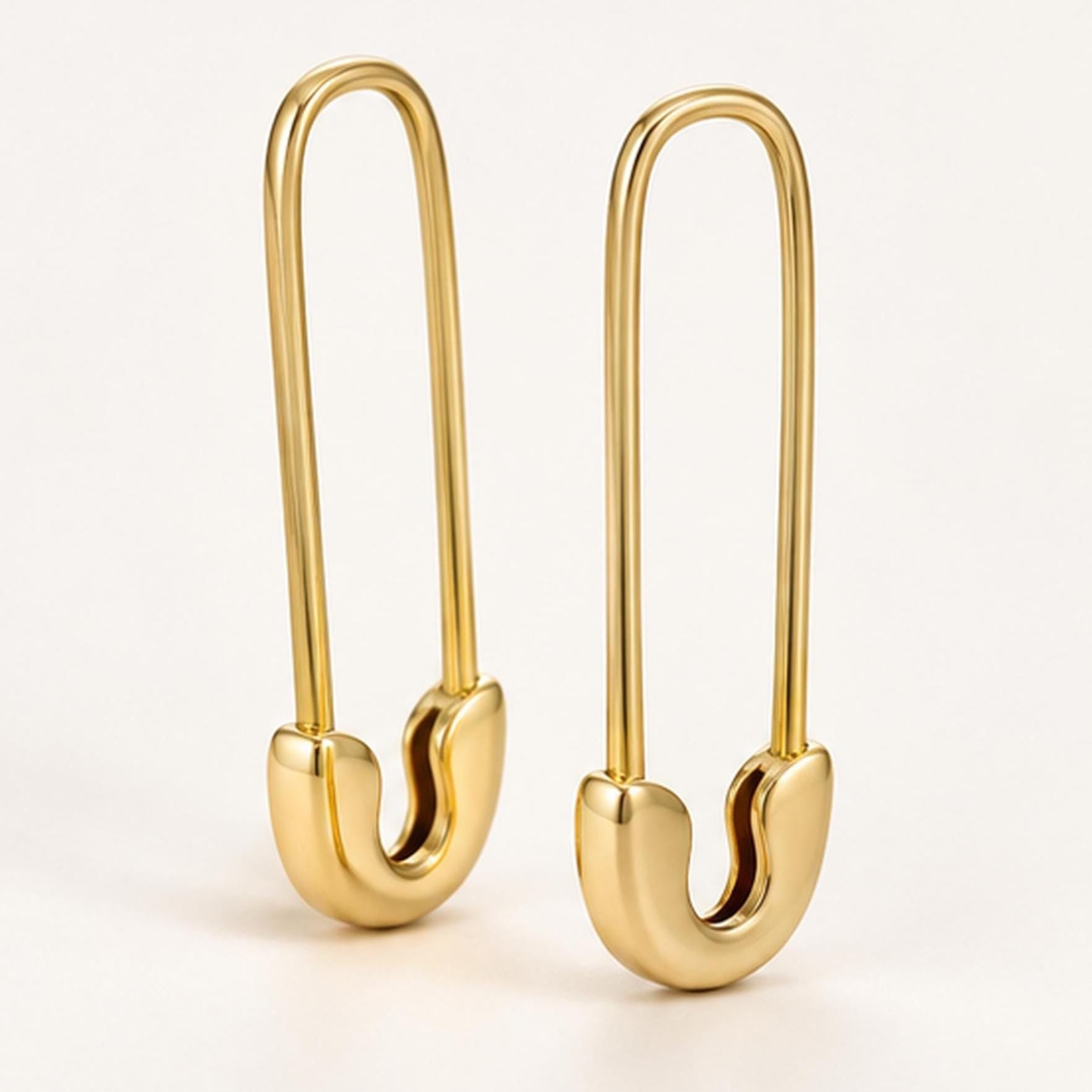 Solid gold safety pin earrings, yellow front view