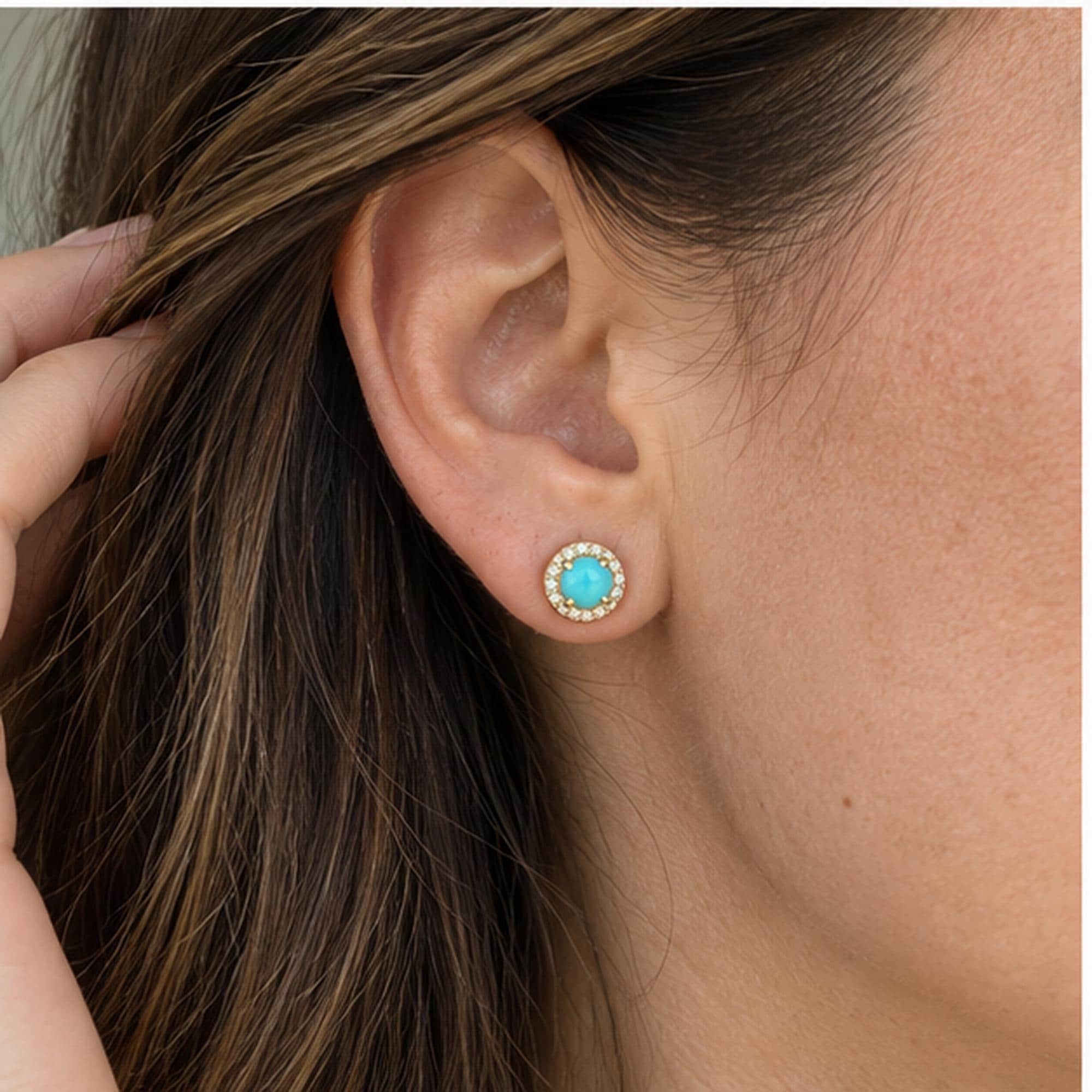 Arizona turquoise diamond halo earrings, model ear 2 view