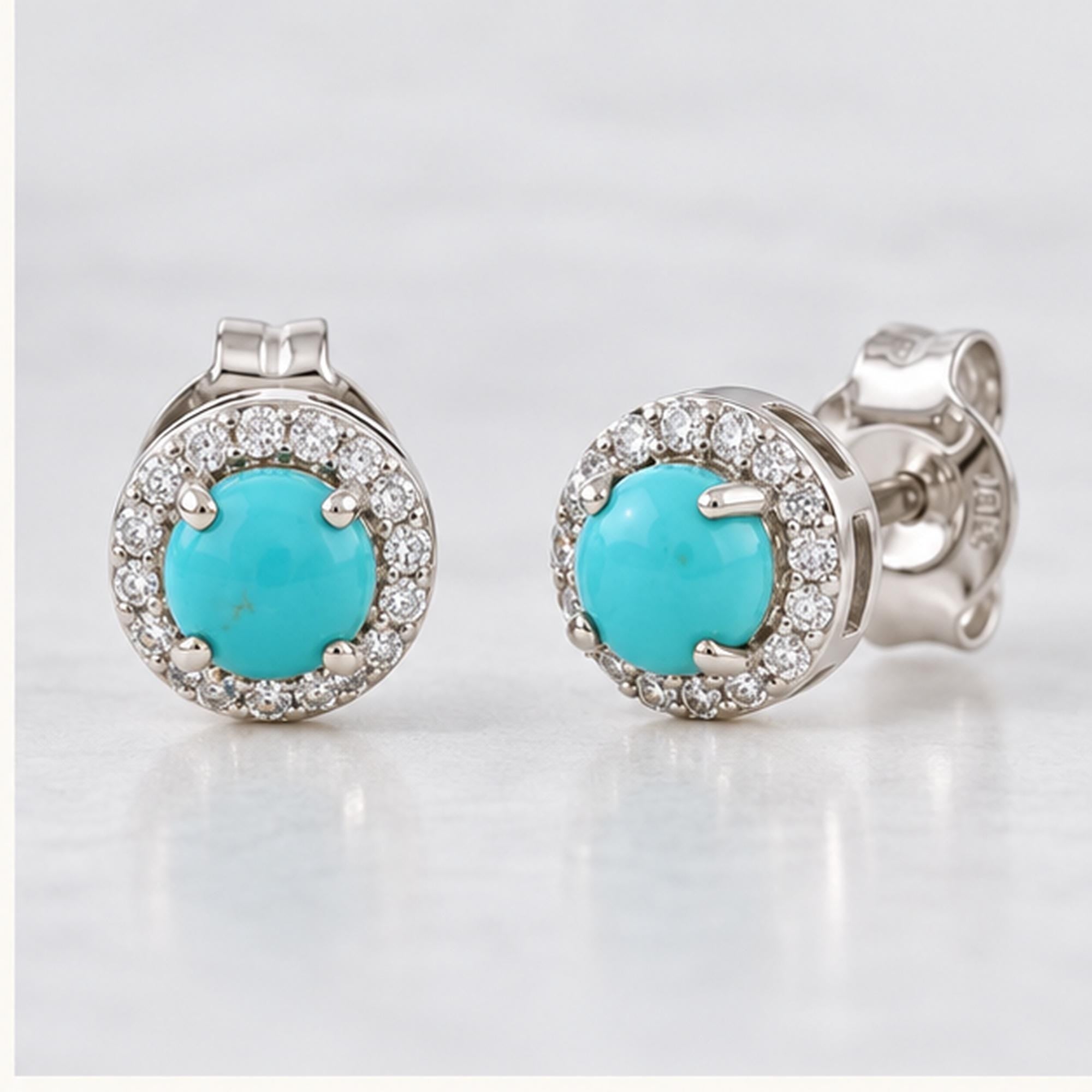 Arizona turquoise diamond halo earrings, white front view