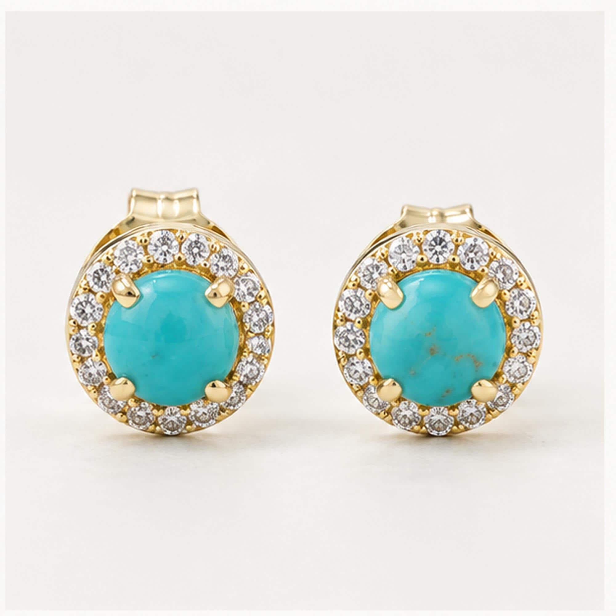 Arizona turquoise diamond halo earrings, yellow angle view