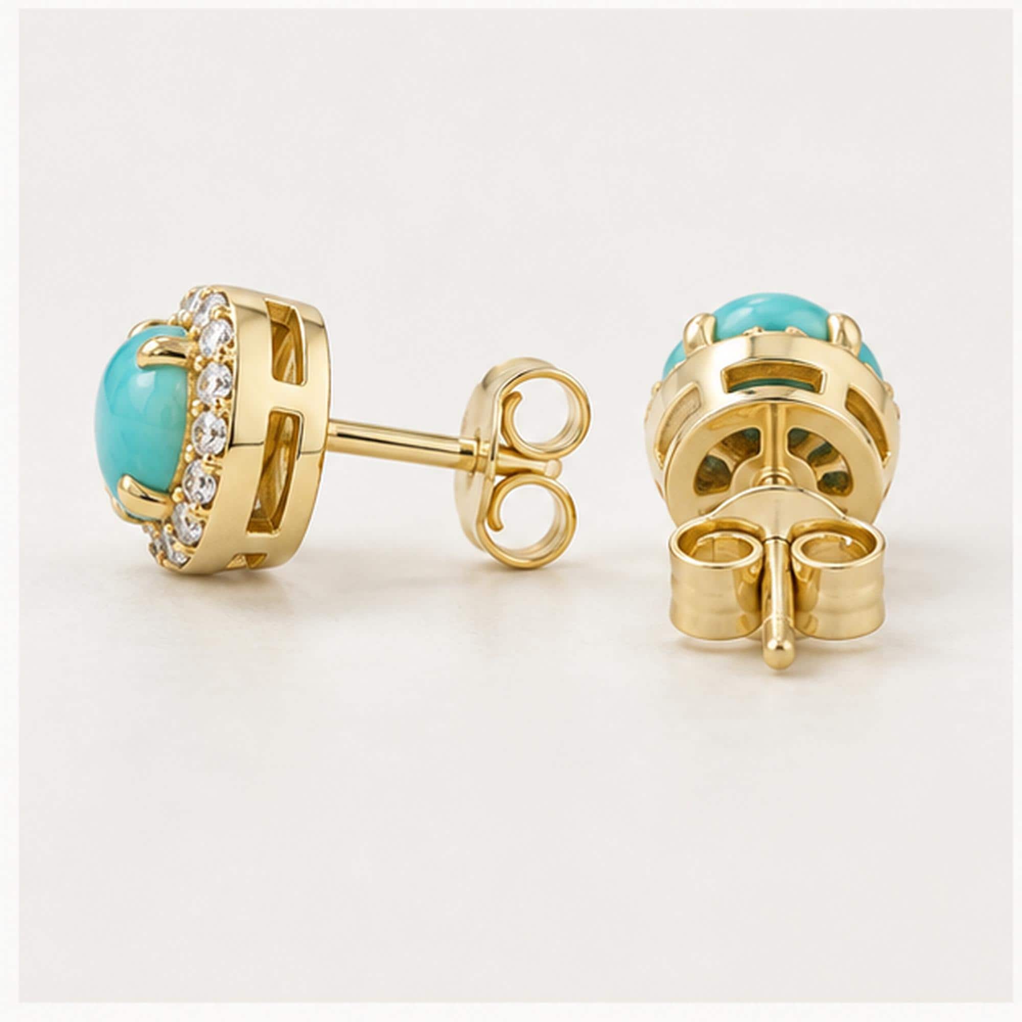 Arizona turquoise diamond halo earrings, yellow back view
