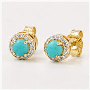 Arizona turquoise diamond halo earrings, yellow front view