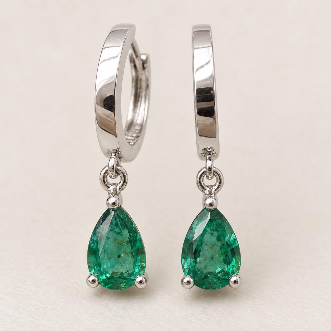 Pair of pear cut Zambian emerald drop huggie earrings in 14K white gold