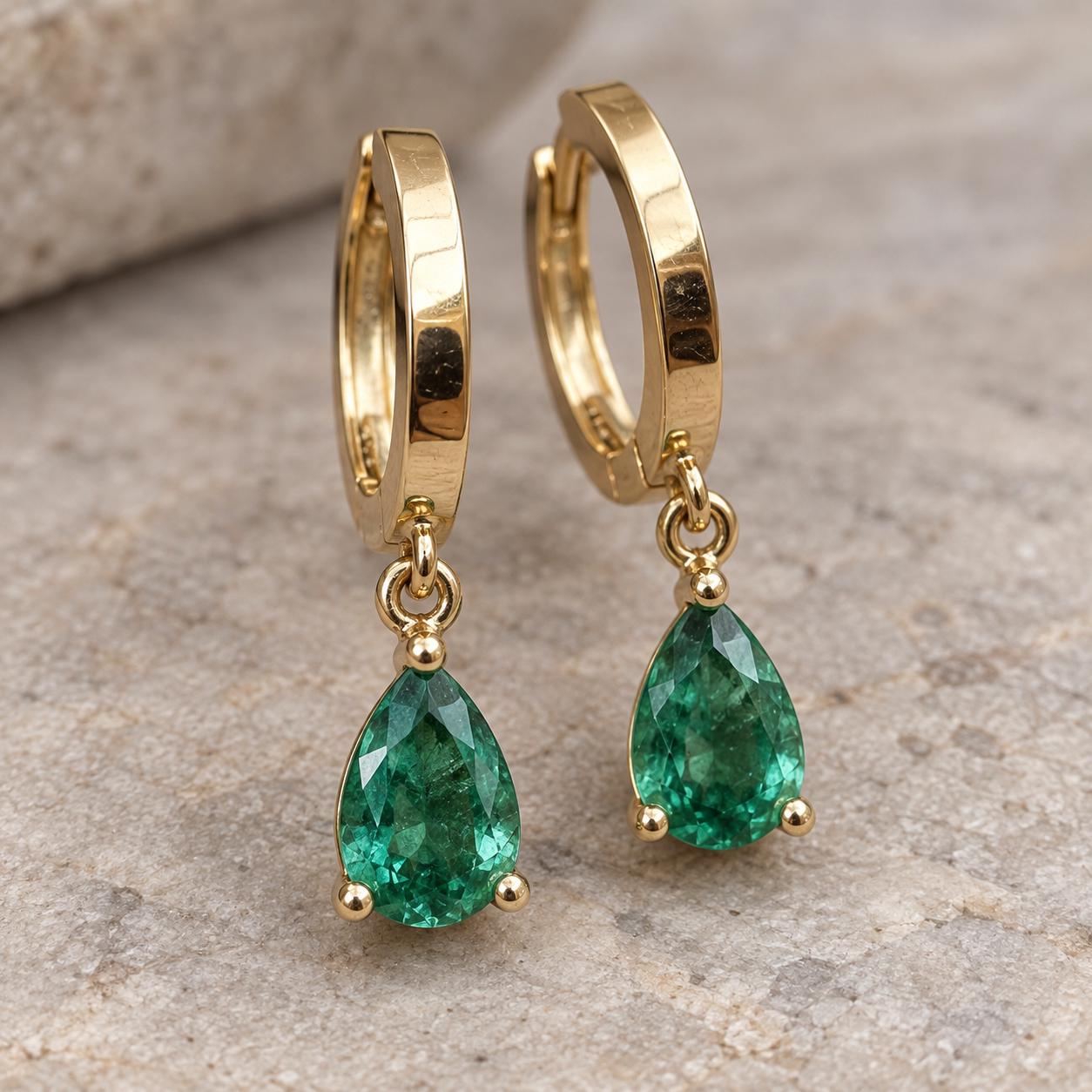 14K yellow gold emerald drop huggies, angled view