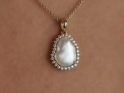Baroque Pearl and Diamond Halo Necklace | Solid Gold Pearl Necklace -