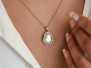 Baroque Pearl and Diamond Halo Necklace | Solid Gold Pearl Necklace -