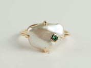 Baroque Pearl and Emerald Ring | Solid Gold Pearl Ring | Unique Gift for Her -