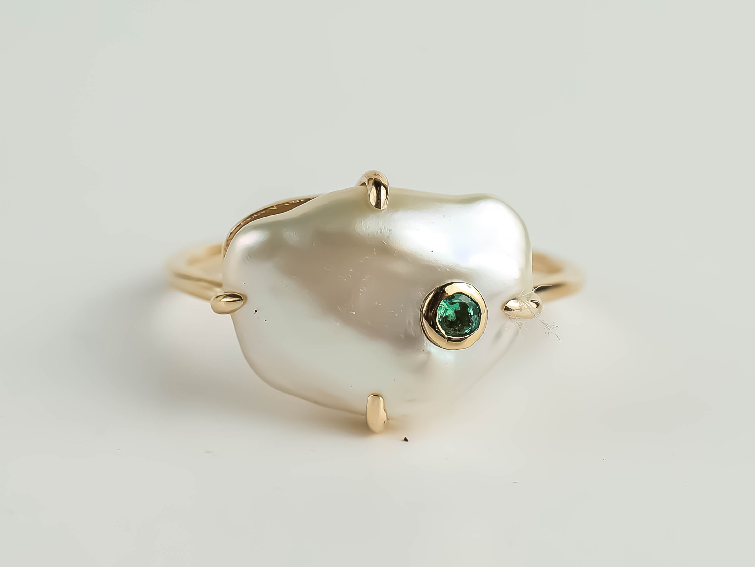 Baroque Pearl and Emerald Ring | Solid Gold Pearl Ring | Unique Gift for Her -