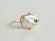 Baroque Pearl and Emerald Ring | Solid Gold Pearl Ring | Unique Gift for Her -