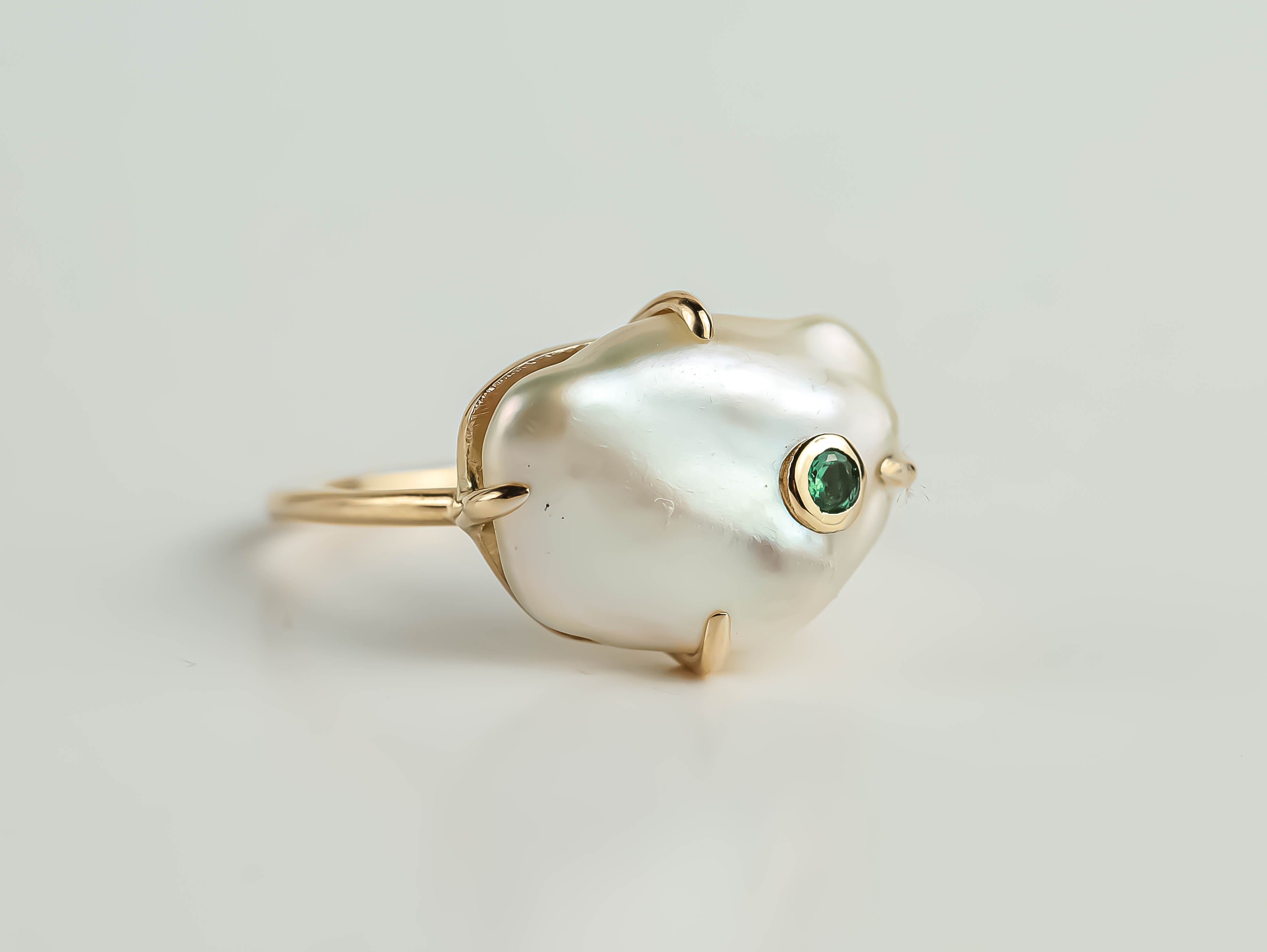 Baroque Pearl and Emerald Ring | Solid Gold Pearl Ring | Unique Gift for Her -
