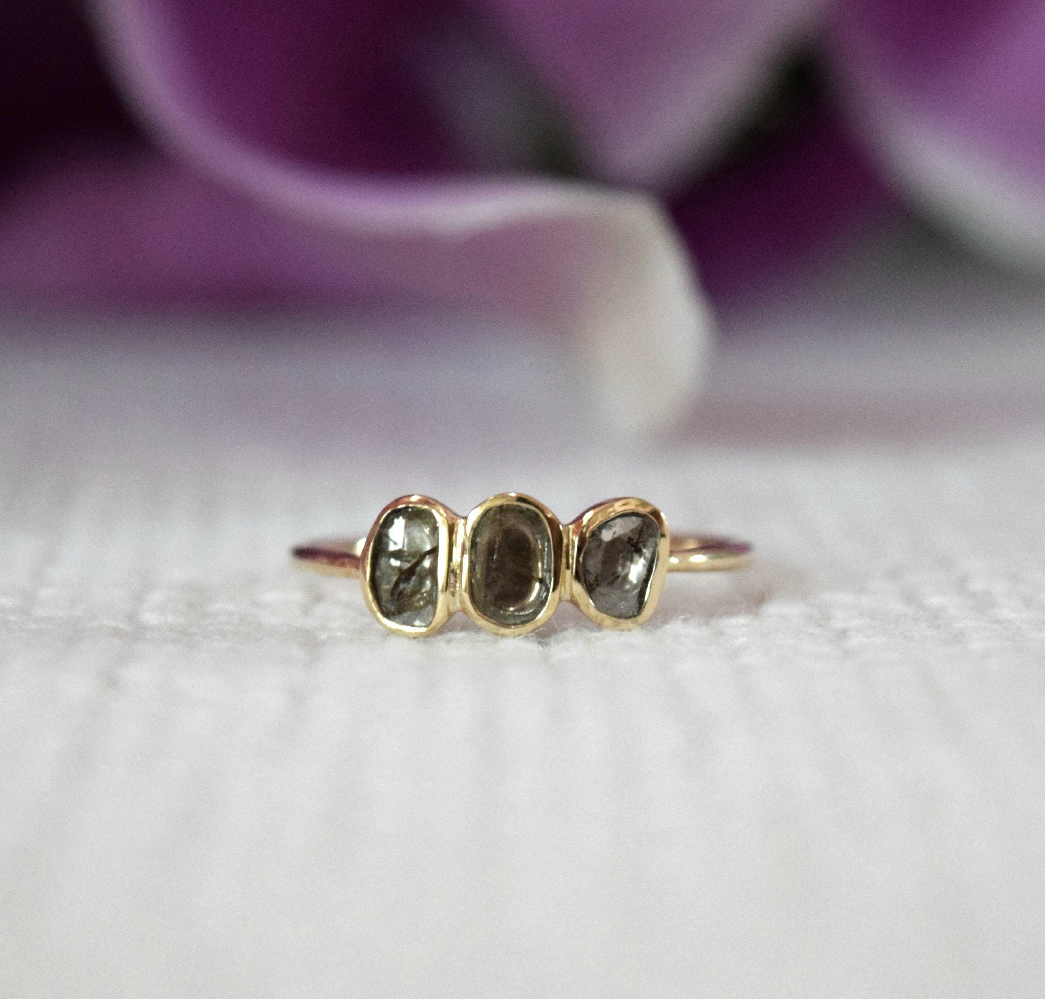 Slice Diamond Ring | Polki Diamond | Champagne Diamond | Three Stone Stacking Ring -