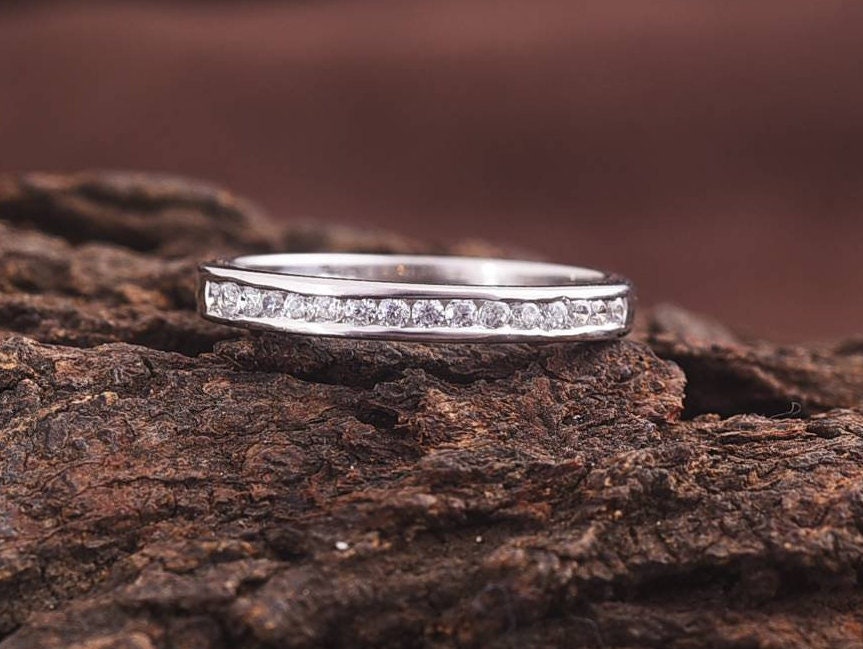 Solid Gold Dainty Diamond Half Eternity Ring | Tiny Diamond Wedding Band | Infinity Ring -