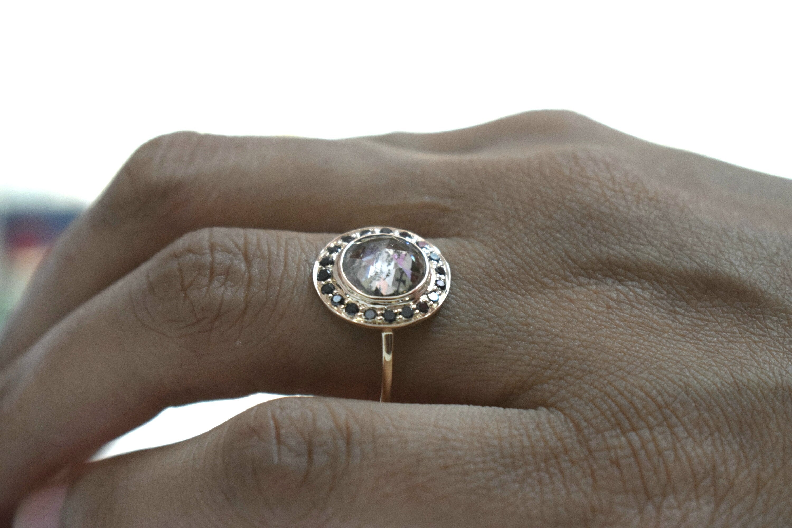 1.5 Carat Diamond Halo Ring | Rose Cut Halo | Black Diamond Ring | Art Deco -