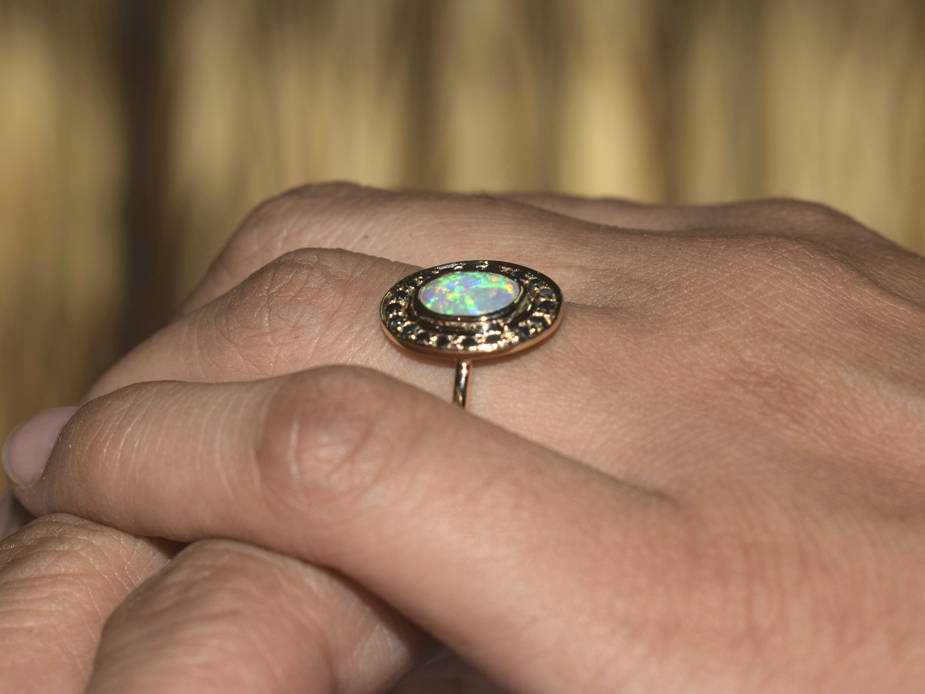Opal Engagement Ring | Fire Opal Halo Ring | Black Diamond Vintage Opal Ring -