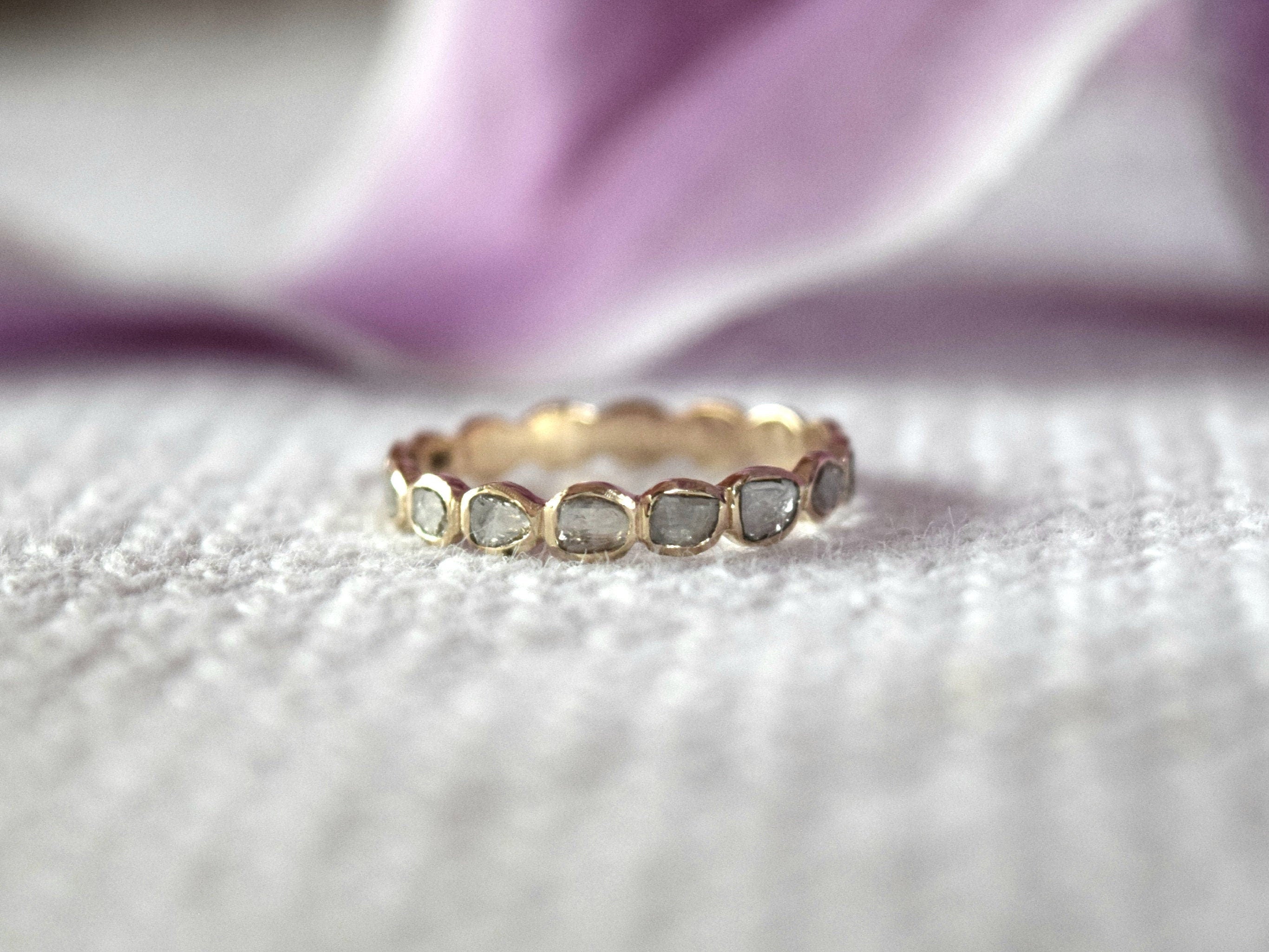Rose Cut Diamond Wedding Band | Thin Diamond Band | Eternity Ring | Rose Gold Stackable Ring -